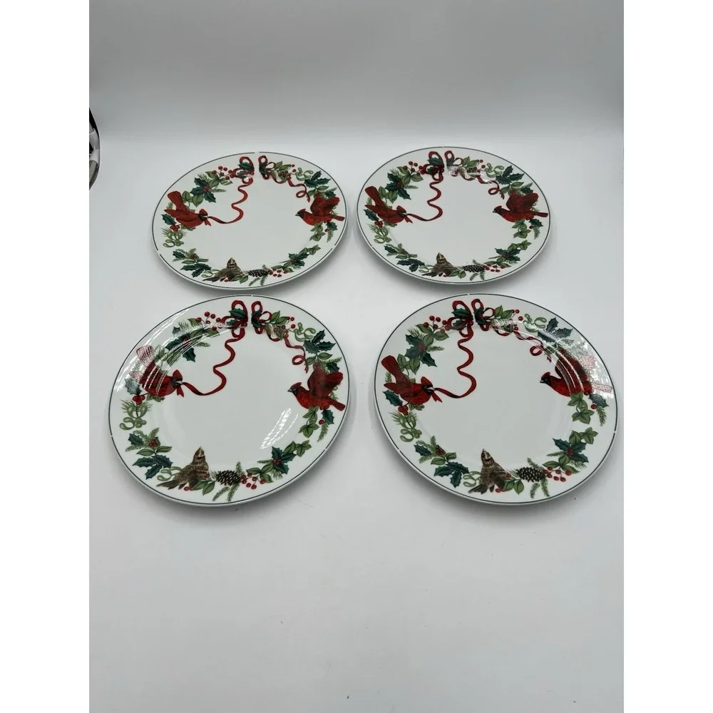 Royal Norfolk Christmas Cardinal Salad Plates Set of 4 Holiday 8.5